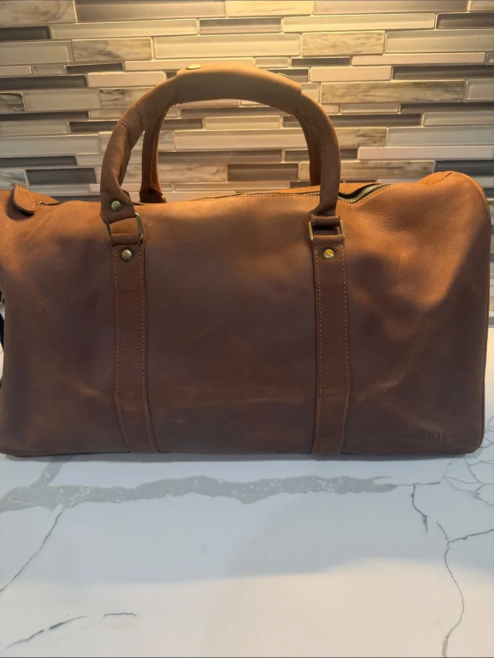 Classic Brown Leather Duffel Bag with Shoulder Strap